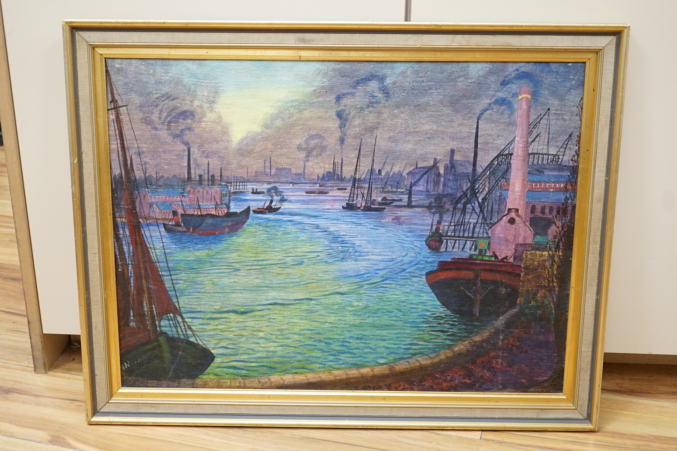 S.W.W. Heaton, oil on panel, Wandsworth Gas Works, monogrammed and inscribed verso, 42 x 57cm